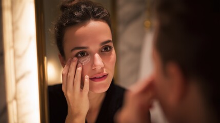  Woman applying microneedle patch to under-eye area, bathroom mirror reflection, luxury spa ambiance