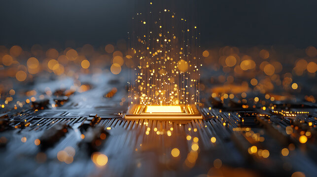 Brilliant glowing microchip processing vibrant data streams with energetic particles and abstract bokeh lights, symbolizing innovation and digital transformation.