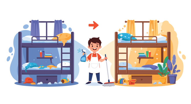 A child makes his bunk bed room tidy and clean after chores.