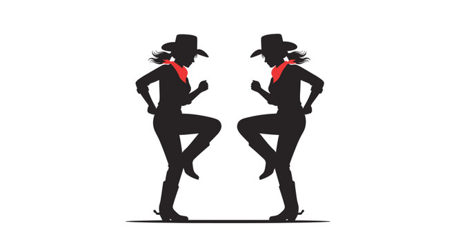 Two cowgirls in silhouette performing a dance routine together in a synchronized manner.