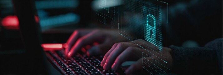 Cybersecurity expert working in dark environment, analyzing digital threat with holographic security interface and intense keyboard interaction