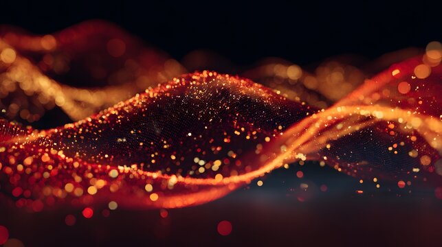 Glowing luminous particles form undulating waves across a dark background