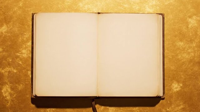 Stop motion flat lay animation of a brown vintage hardcover book appearing and opening on a golden background. The book slides or pops into frame smoothly, then opens to reveal blank pages