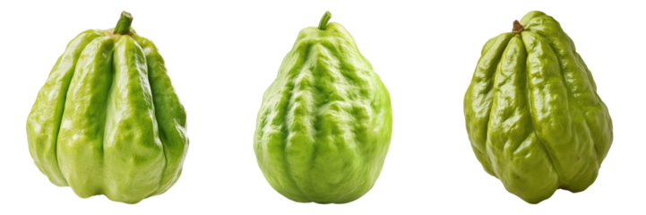 Three fresh green chayote squashes isolated against a clean background, ready for culinary delights