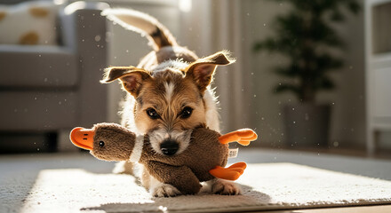 Jack Russell terrier playing with a plush duck toy inside a brightly lit living room on a sunny day, showcasing joyful companionship and playful energy.