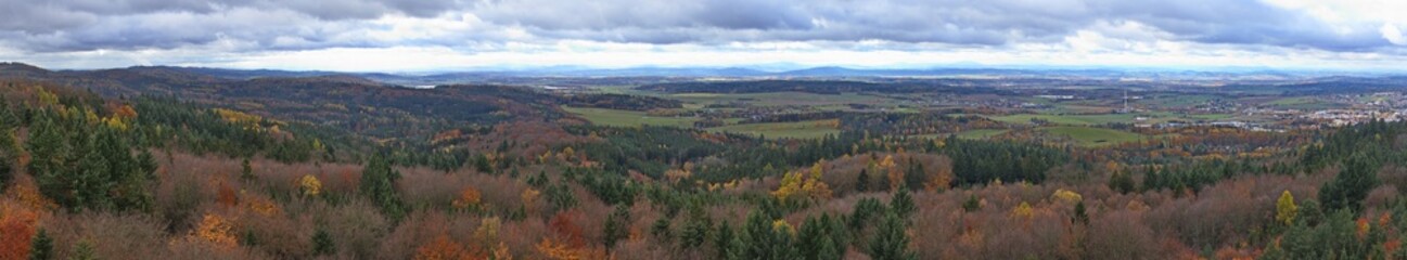 Panoramic view from the observation tower on the mountain Jarnik at Pisek, South Bohemian Region, Czech Republic, Europe
