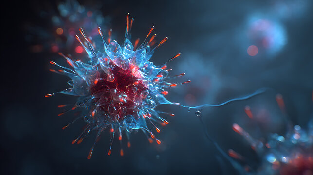 Stunning 3D microscopic view of a dangerous virus particle with intricate spikes and glowing red core, representing science and health challenges.