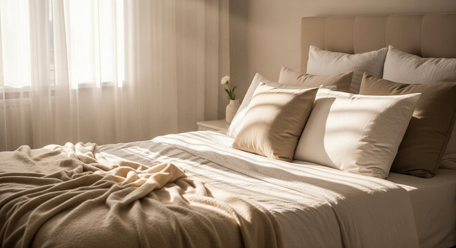 A serene bedroom retreat bathed in soft morning sunlight and neutral tones.
A cozy and inviting bedroom interior featuring a large bed adorned with numerous soft pillows and creamy