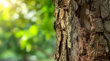 Obraz premium Tree bark texture with sun illuminating forest background
