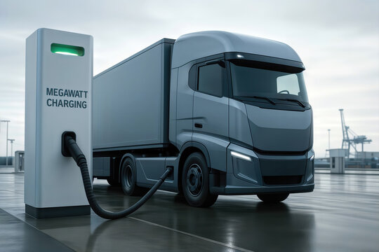 Electric semi-truck at a megawatt charging station in an industrial port.