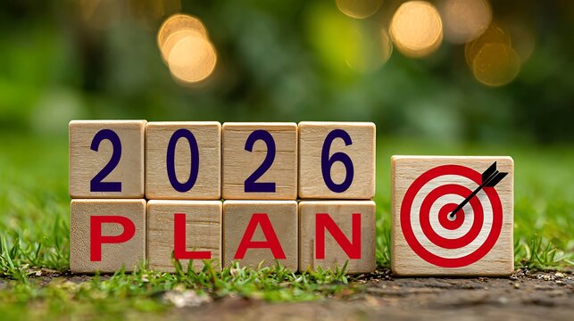  Wooden cubes with 2026 and target icon, goal setting and achievement idea, success strategy for business and motivation concept.