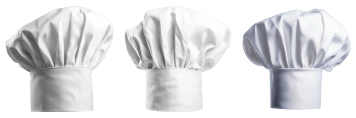 Three chef hats, symbols of culinary expertise. The pristine white fabric of the hats suggests cleanliness and professionalism, a common trait in the culinary world. 