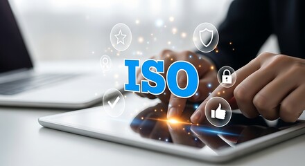 Business professional interacting with digital interface displaying iso certification and quality management icons