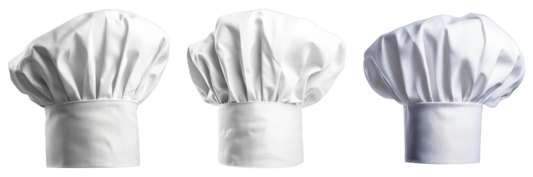 Three chef hats, symbols of culinary expertise. The pristine white fabric of the hats suggests cleanliness and professionalism, a common trait in the culinary world.  - Powered by Adobe
