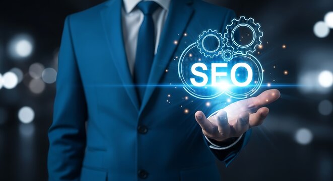 Businessman holding glowing seo graphic with gears and digital network connections