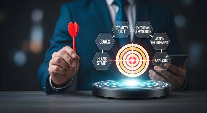 Confident businessman aims dart at target symbolizing strategic planning, goal achievement, and business success with modern digital interface