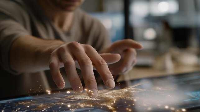 Perspective shot showing fingertips interacting with floating holographic data in a high-tech environment — symbolizing digital transformation, immersive technology experience, innovation-driven
