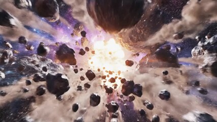 Explosive asteroid collision in deep space with cosmic debris - Powered by Adobe