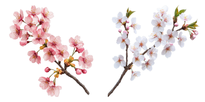 Branches of Cherry blossoms in full bloom, one pink and one white, a classic sign of spring and beauty