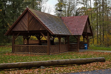 Wooden cottage at the hiking track to the mountain Jarnik at Pisek, South Bohemian Region, Czech Republic, Europe
