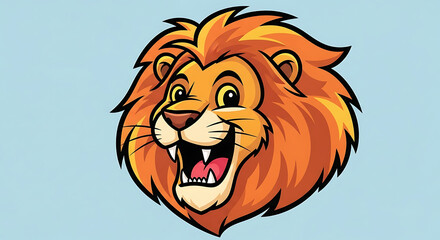 Cartoon lion roars ferociously with its mouth open against a light blue backdrop, showcasing its orange mane and playful expression.