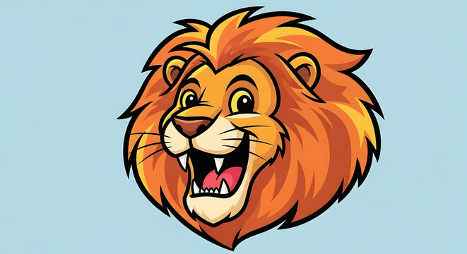 Cartoon lion roars ferociously with its mouth open against a light blue backdrop, showcasing its orange mane and playful expression.
