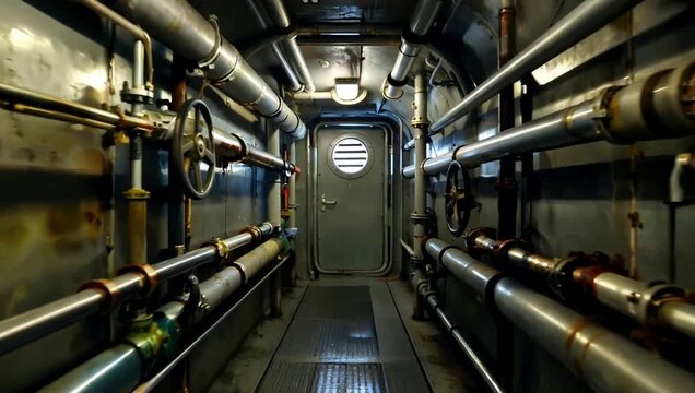 Vintage Submarine Hallway: Intricate Industrial Piping and a Heavy Bulkhead Door