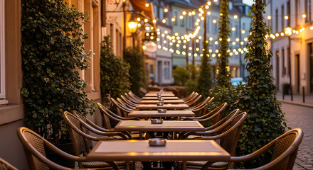 Empty tables and chairs await diners at charming outdoor cafe in European town square under string lights at dusk, creating inviting atmosphere.