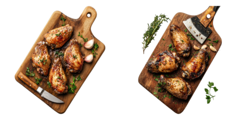 Deliciously prepared chicken wings arranged on a wooden board. The chicken wings have a nice brown and juicy look
