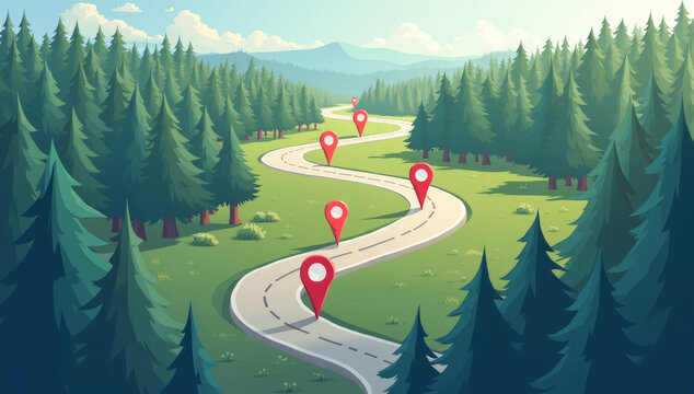 Winding road in the forest with red pins vector