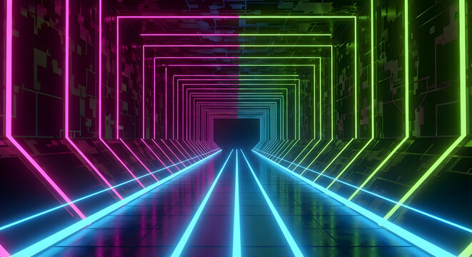 Immerse yourself in a futuristic neon tunnel with vibrant pink and green lights, perfect for tech, gaming, or abstract backgrounds. - Powered by Adobe