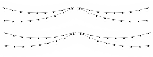 PNG gold garland and shiny string lights on transparent background for winter holiday banner with festive ribbon decoration and abstract illustration in green blue and bright colours