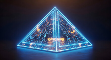 Dynamic neon pyramid glows with intricate digital network, symbolizing futuristic technology and complex data structures for innovation.