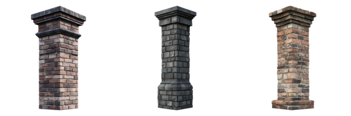 Three detailed stone columns side by side, showcasing different textures and designs