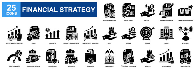 Financial Strategy icon set collection. Containing design Budget Analysis, Profit, Cash Flow, Debt, Financial Goals