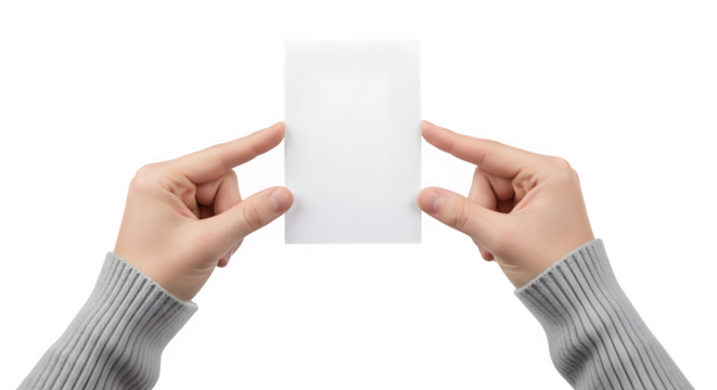 Hands holding a blank white folded brochure or pamphlet for advertising and marketing isolated on transparent background