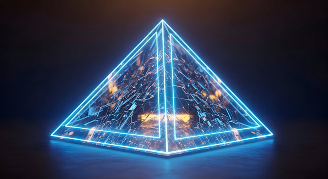 Dynamic neon pyramid glows with intricate digital network, symbolizing futuristic technology and complex data structures for innovation.
