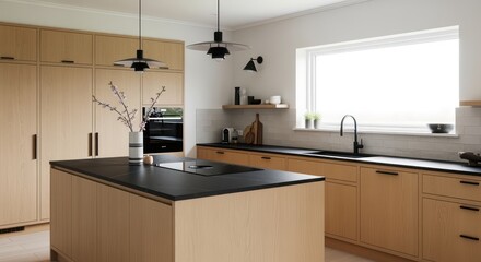 Elegant kitchen interior with island and natural wood cabinets offering a modern and inviting culinary space for a luxurious home lifestyle