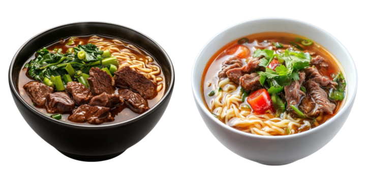 Delicious bowls of noodles with meat, vegetables and flavorful broth, a culinary delight. A top-down shot of a hearty and visually appealing dish