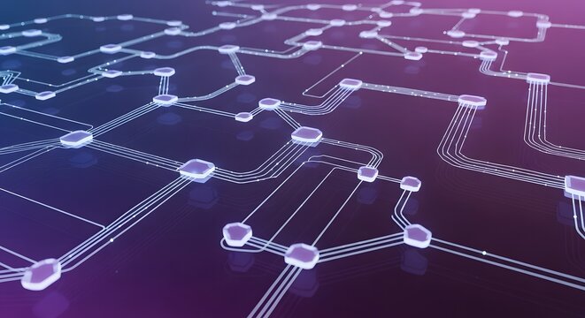Abstract digital network connections with glowing nodes and pathways on a purple and blue gradient background