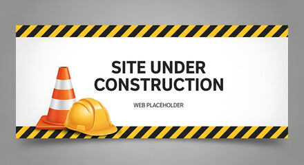 Site under construction with safety cone and hard hat indicating ongoing development and maintenance, conveying a sense of caution and progress.