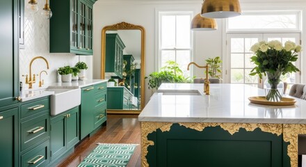 Luxurious emerald green kitchen with gleaming gold accents, marble island, and opulent antique mirror creating a sophisticated, timeless interior design.