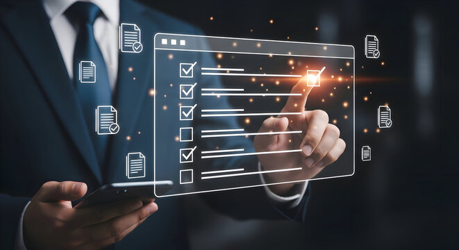 Professional businessman efficiently managing digital tasks and completing checklist items on a modern interface with glowing particles