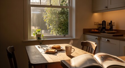 Fototapeta premium Warm morning sunlight streams into a cozy kitchen, illuminating a simple breakfast of toast and coffee with an open book inviting quiet contemplation.