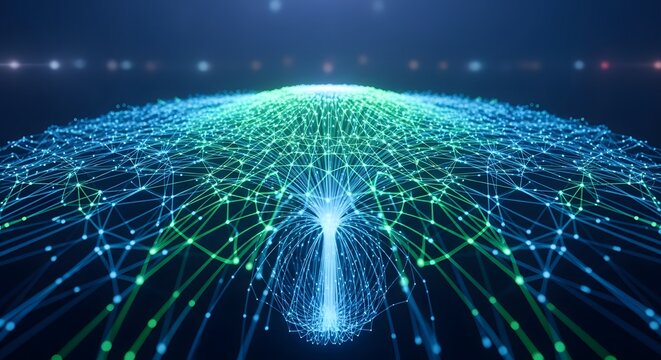 Abstract futuristic digital network with interconnected glowing nodes and lines, representing data flow and artificial intelligence technology