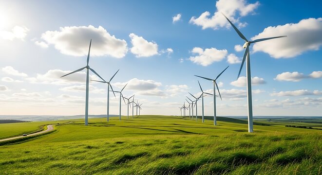Wind Turbines on Green Field Under Blue Sky Generating Clean Energy