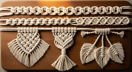 Handmade macrame projects displayed on wooden board showcasing intricate knotting techniques and bohemian style, creating a warm and artistic atmosphere.
