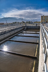 Section for mechanical or primary treatment at urban (or industrial) facilities. View of clarifiers and technical building
