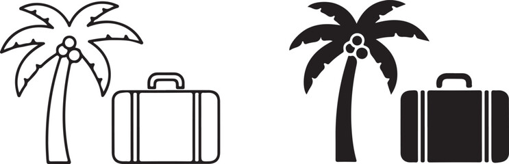 Tropical vacation travel icons with a palm tree and suitcase, showcasing both outlined and solid black styles for holiday destinations. isolated on white background, Vector, illustration