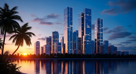 Obraz premium Sunset Over the City Skyline A Tropical Urban Paradise with Palm Trees